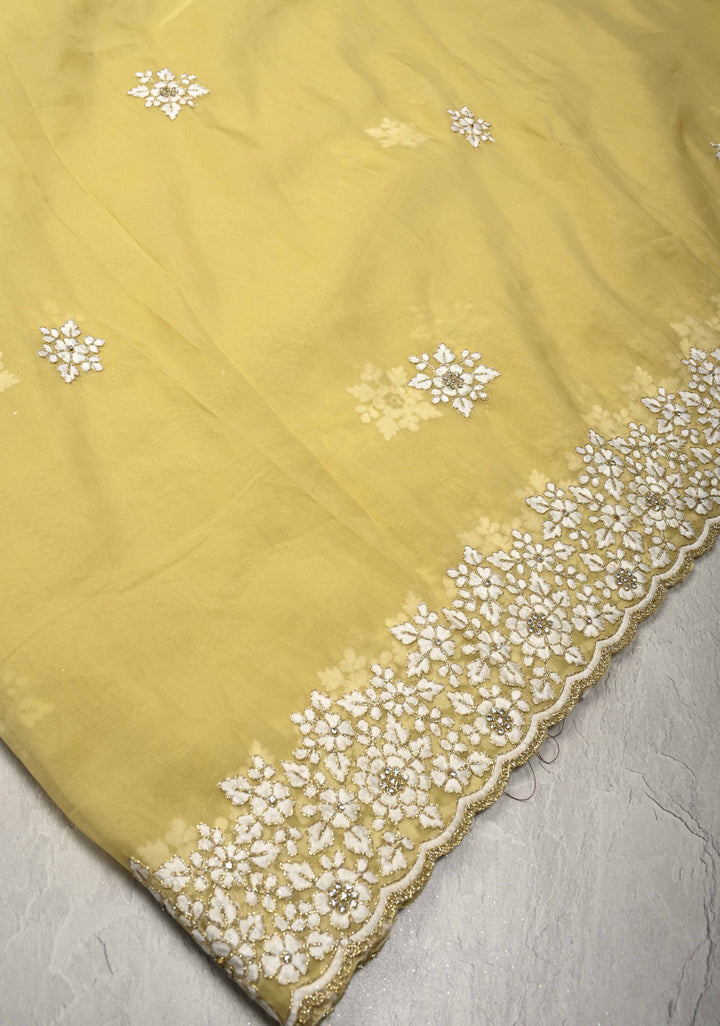 Dusty Yellow  Organza Saree with Stone Work, embroidery  and Scallop Border