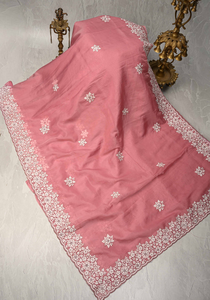Rose Pink Embroidery on Organza Saree with Stone work and Scallop Border