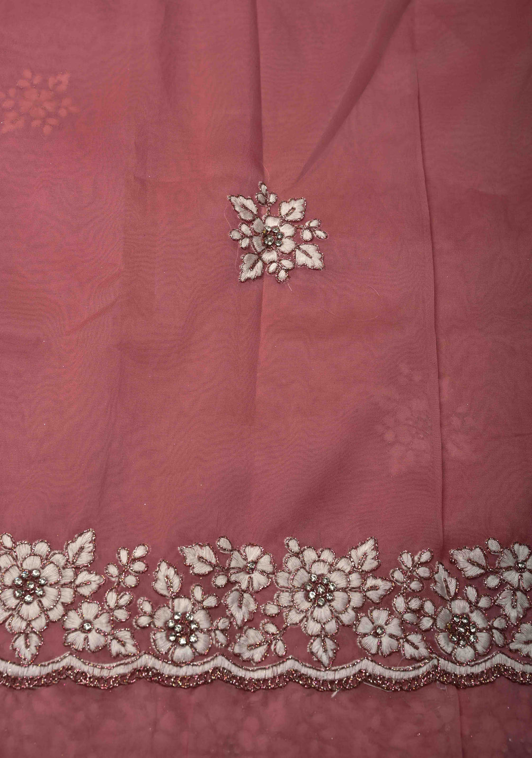 Rose Pink Embroidery on Organza Saree with Stone work and Scallop Border