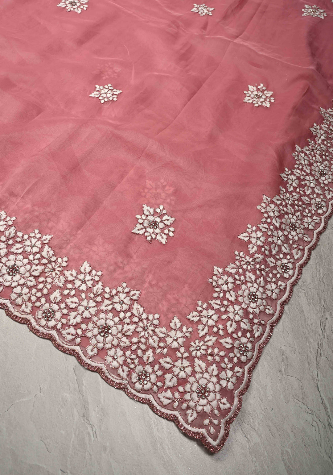 Rose Pink Embroidery on Organza Saree with Stone work and Scallop Border