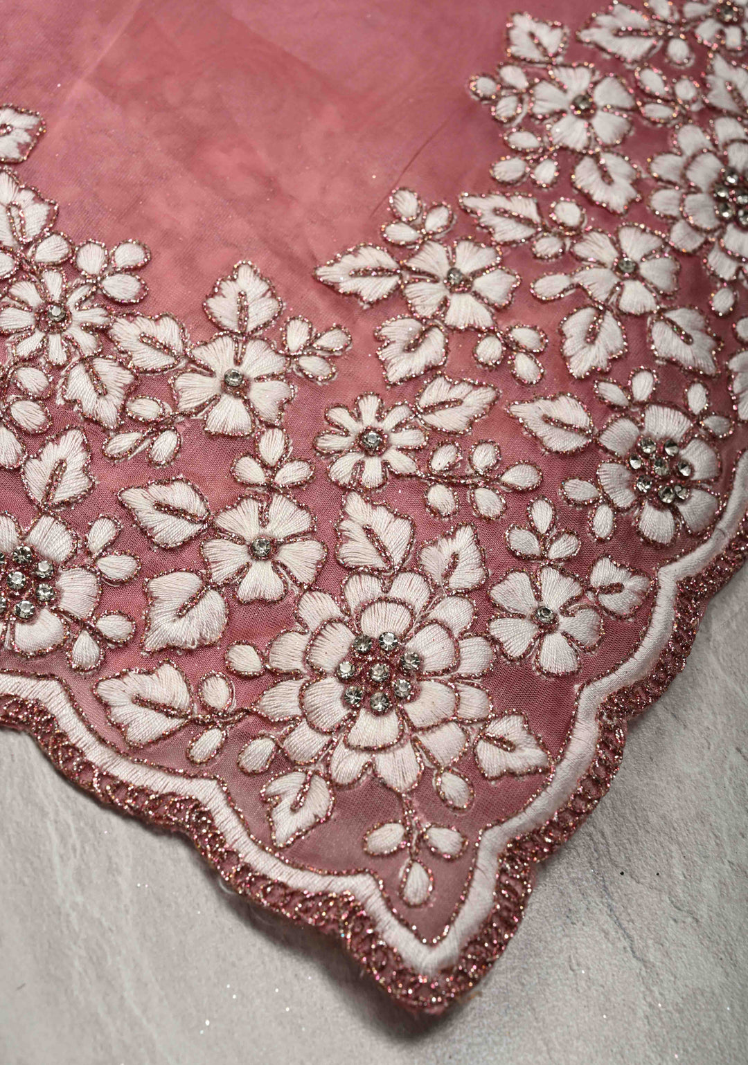 Rose Pink Embroidery on Organza Saree with Stone work and Scallop Border