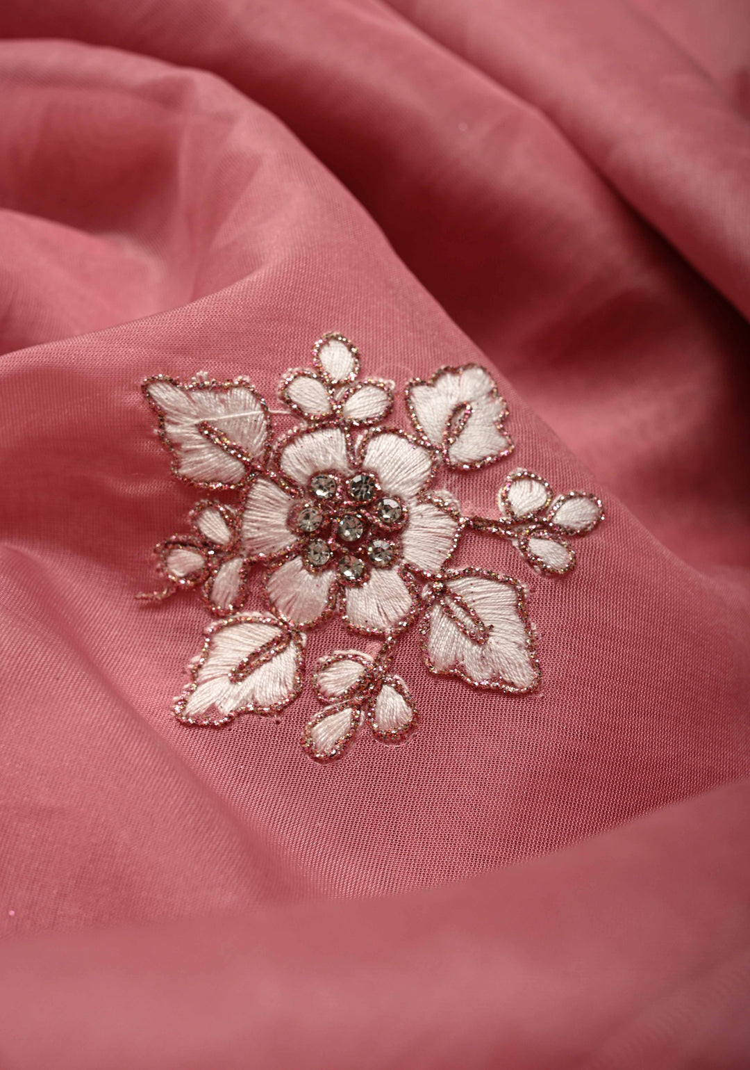 Rose Pink Embroidery on Organza Saree with Stone work and Scallop Border