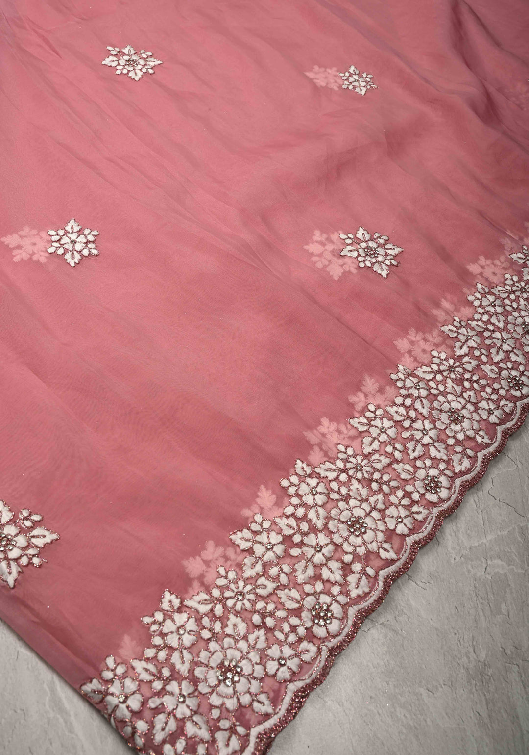Rose Pink Embroidery on Organza Saree with Stone work and Scallop Border