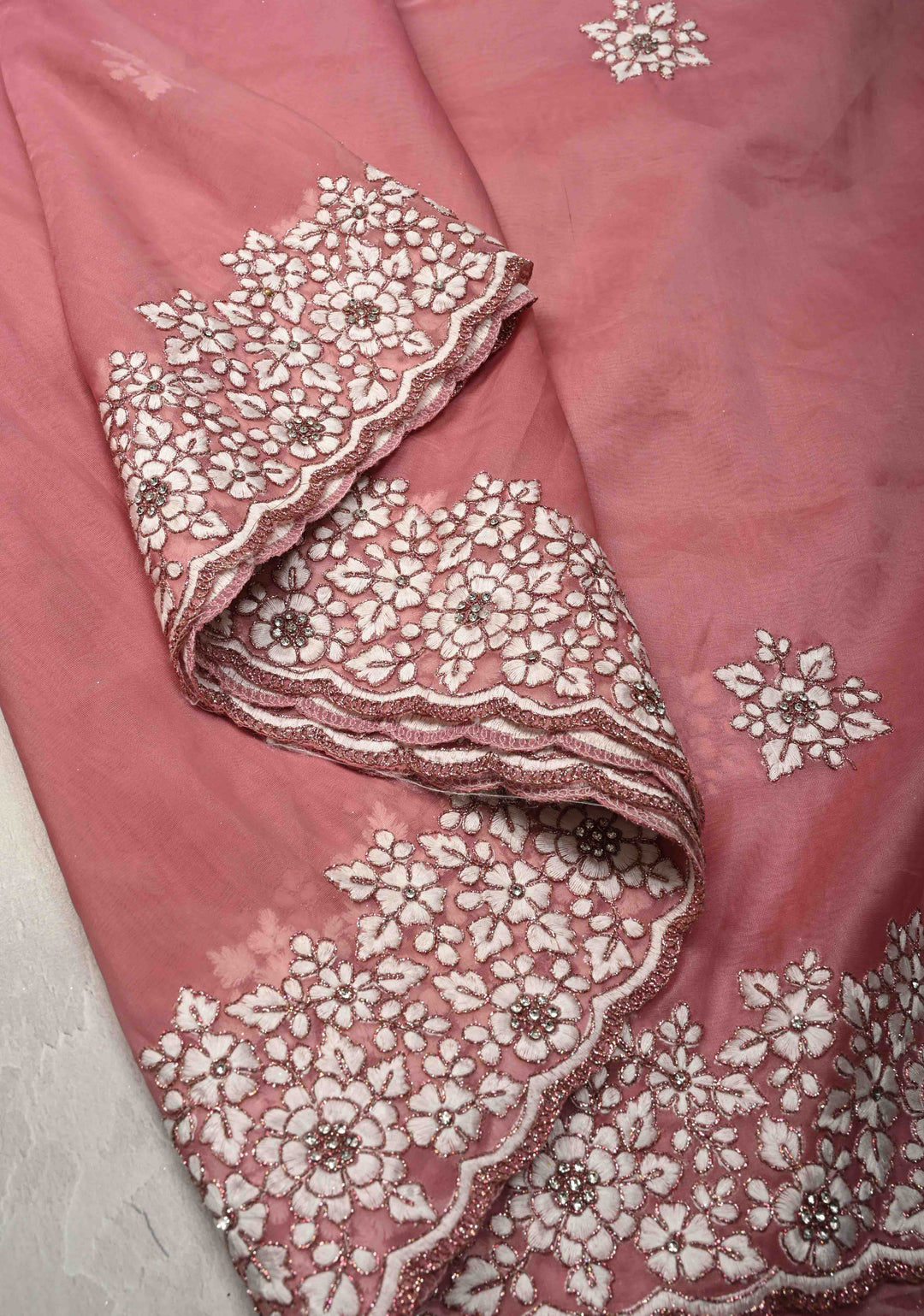 Rose Pink Embroidery on Organza Saree with Stone work and Scallop Border