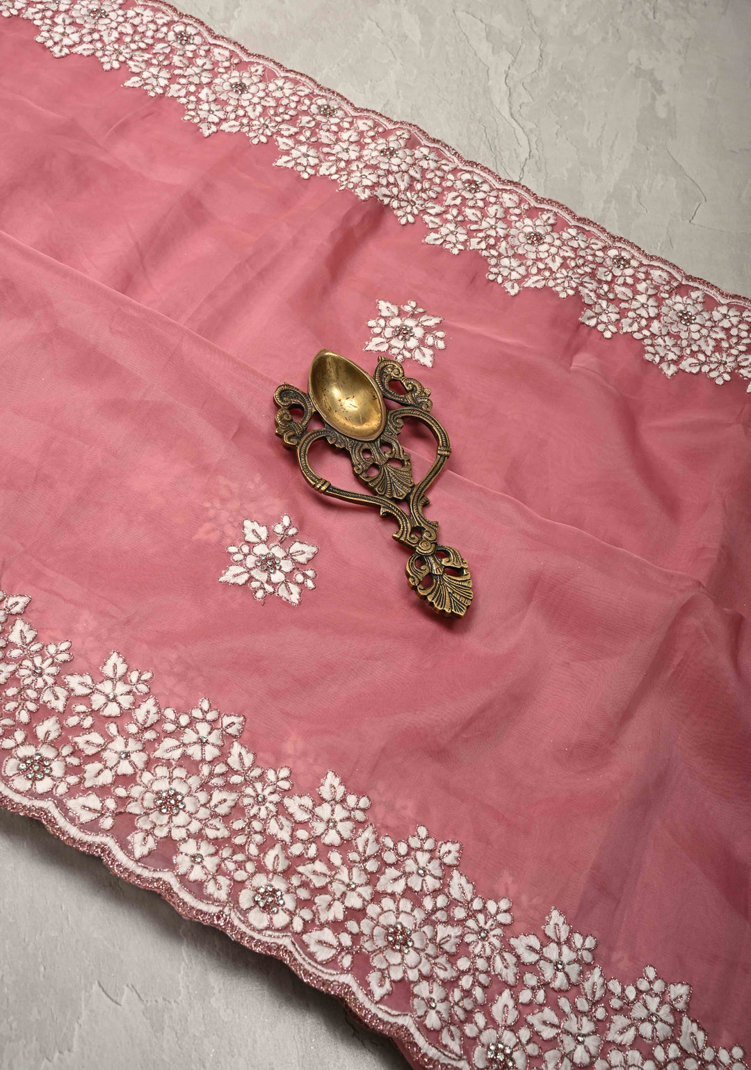 Rose Pink Embroidery on Organza Saree with Stone work and Scallop Border