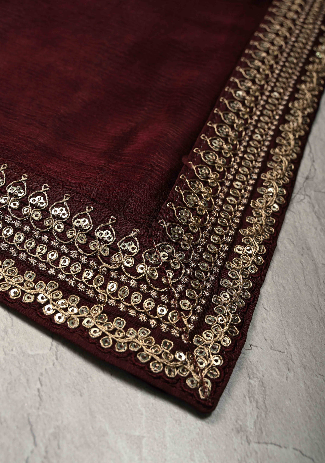 Stunning Deep Burgundy Satin Georgette Saree with Fancy Lace Border and Velvet Buttidaar Blouse Piece