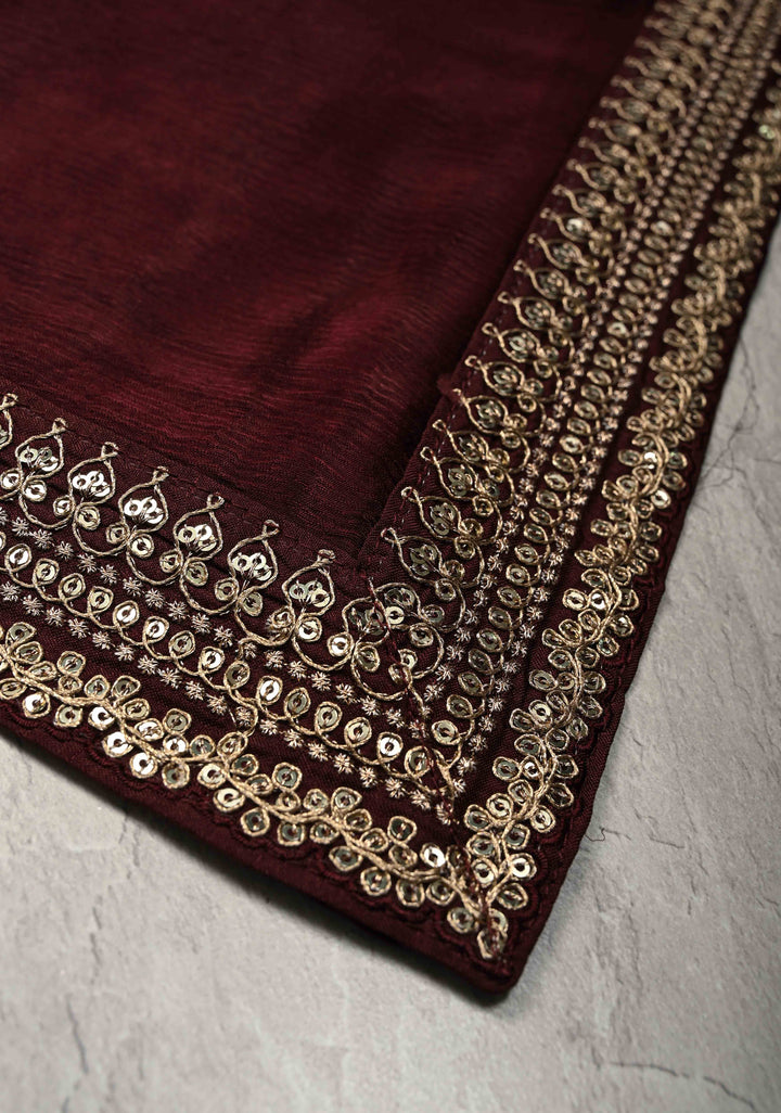 Stunning Deep Burgundy Satin Georgette Saree with Fancy Lace Border and Velvet Buttidaar Blouse Piece