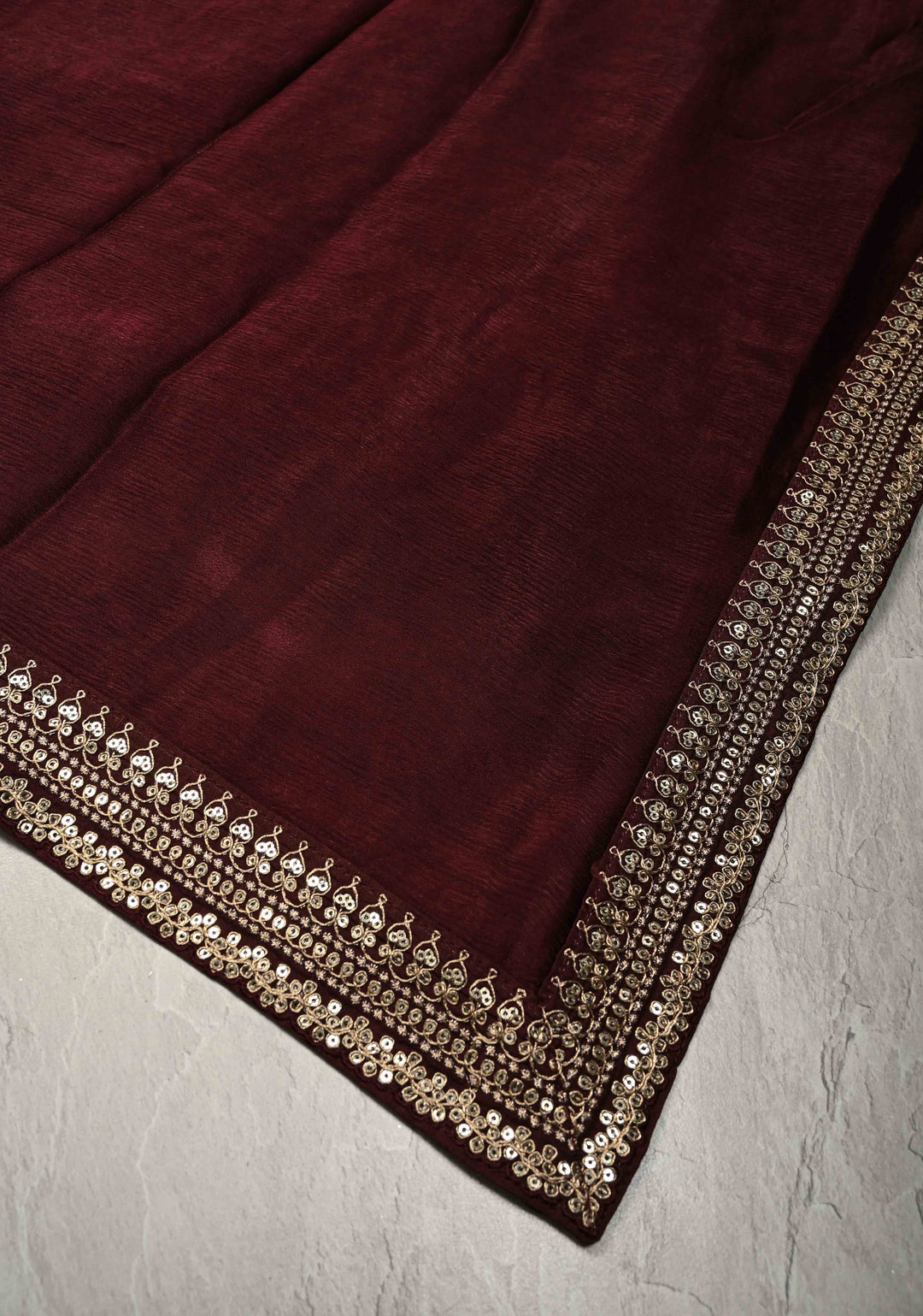 Stunning Deep Burgundy Satin Georgette Saree with Fancy Lace Border and Velvet Buttidaar Blouse Piece