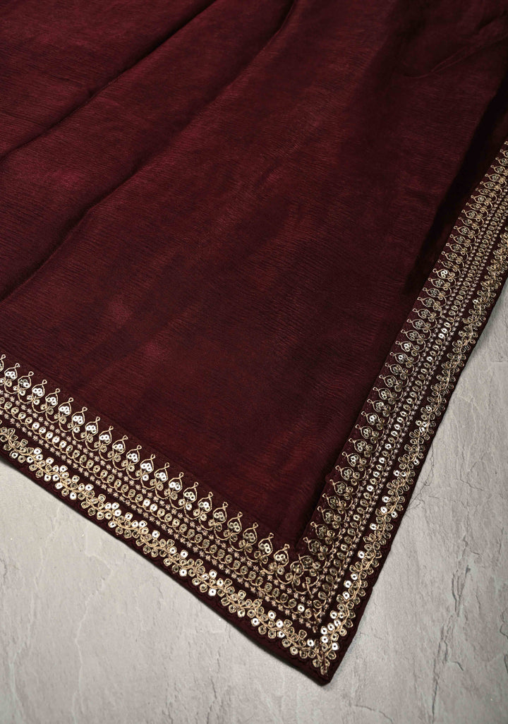 Stunning Deep Burgundy Satin Georgette Saree with Fancy Lace Border and Velvet Buttidaar Blouse Piece