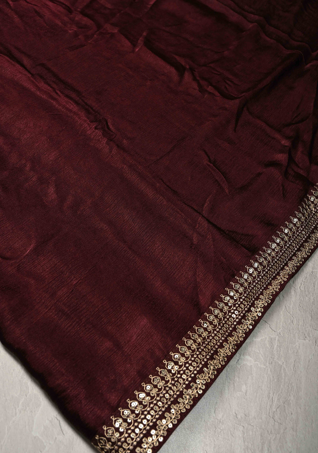 Stunning Deep Burgundy Satin Georgette Saree with Fancy Lace Border and Velvet Buttidaar Blouse Piece