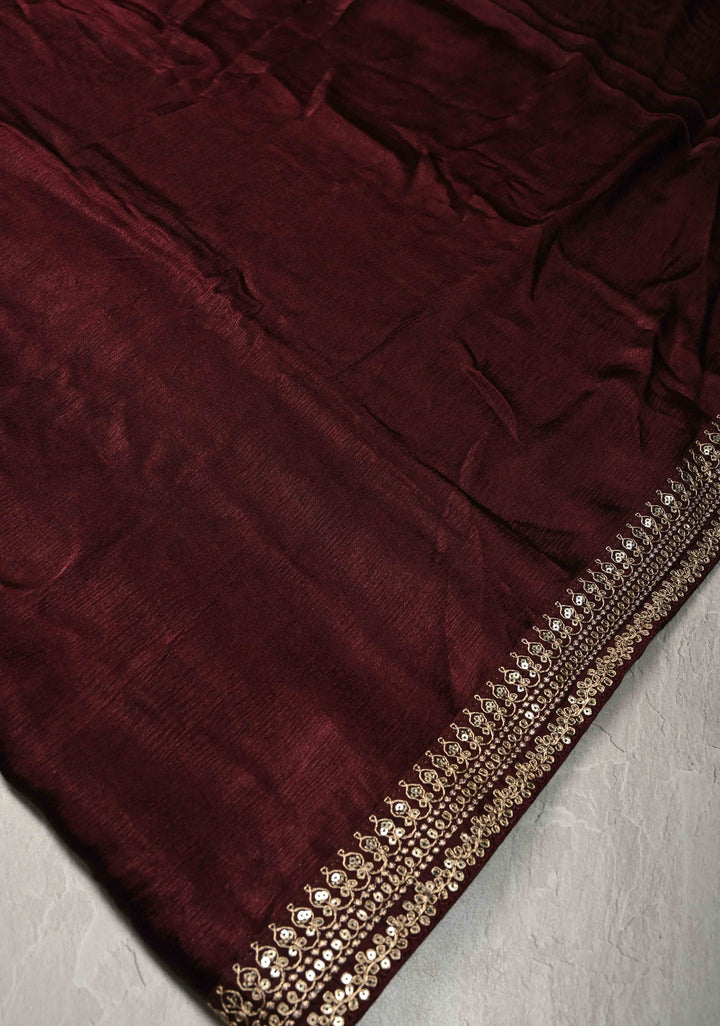 Stunning Deep Burgundy Satin Georgette Saree with Fancy Lace Border and Velvet Buttidaar Blouse Piece