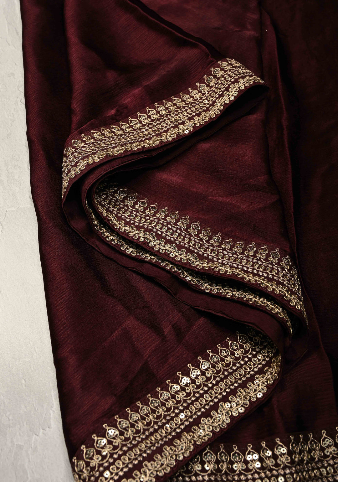 Stunning Deep Burgundy Satin Georgette Saree with Fancy Lace Border and Velvet Buttidaar Blouse Piece