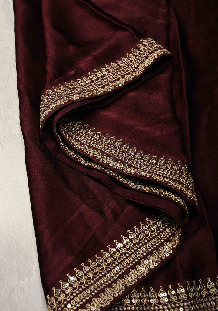 Stunning Deep Burgundy Satin Georgette Saree with Fancy Lace Border and Velvet Buttidaar Blouse Piece
