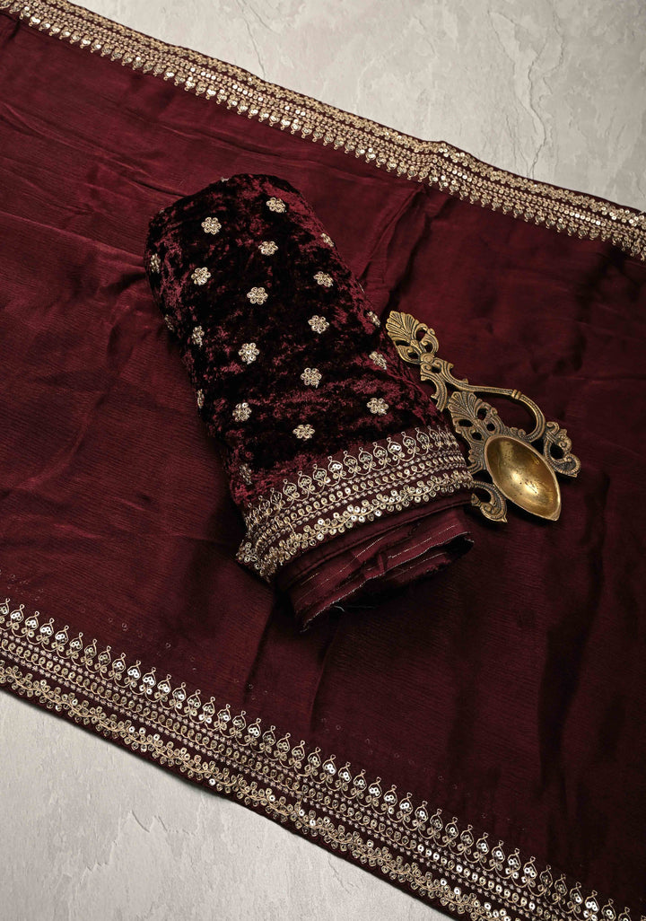 Stunning Deep Burgundy Satin Georgette Saree with Fancy Lace Border and Velvet Buttidaar Blouse Piece