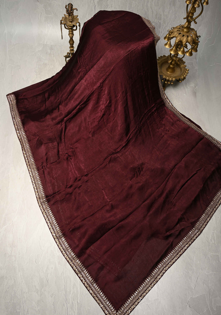 Stunning Deep Burgundy Satin Georgette Saree with Fancy Lace Border and Velvet Buttidaar Blouse Piece