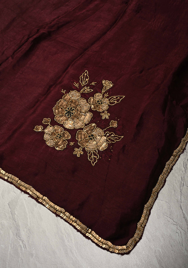 Deep Burgundy Satin Georgette Saree with Antique Cutdana, Sequins and Moti Embellishment and Scallop Border