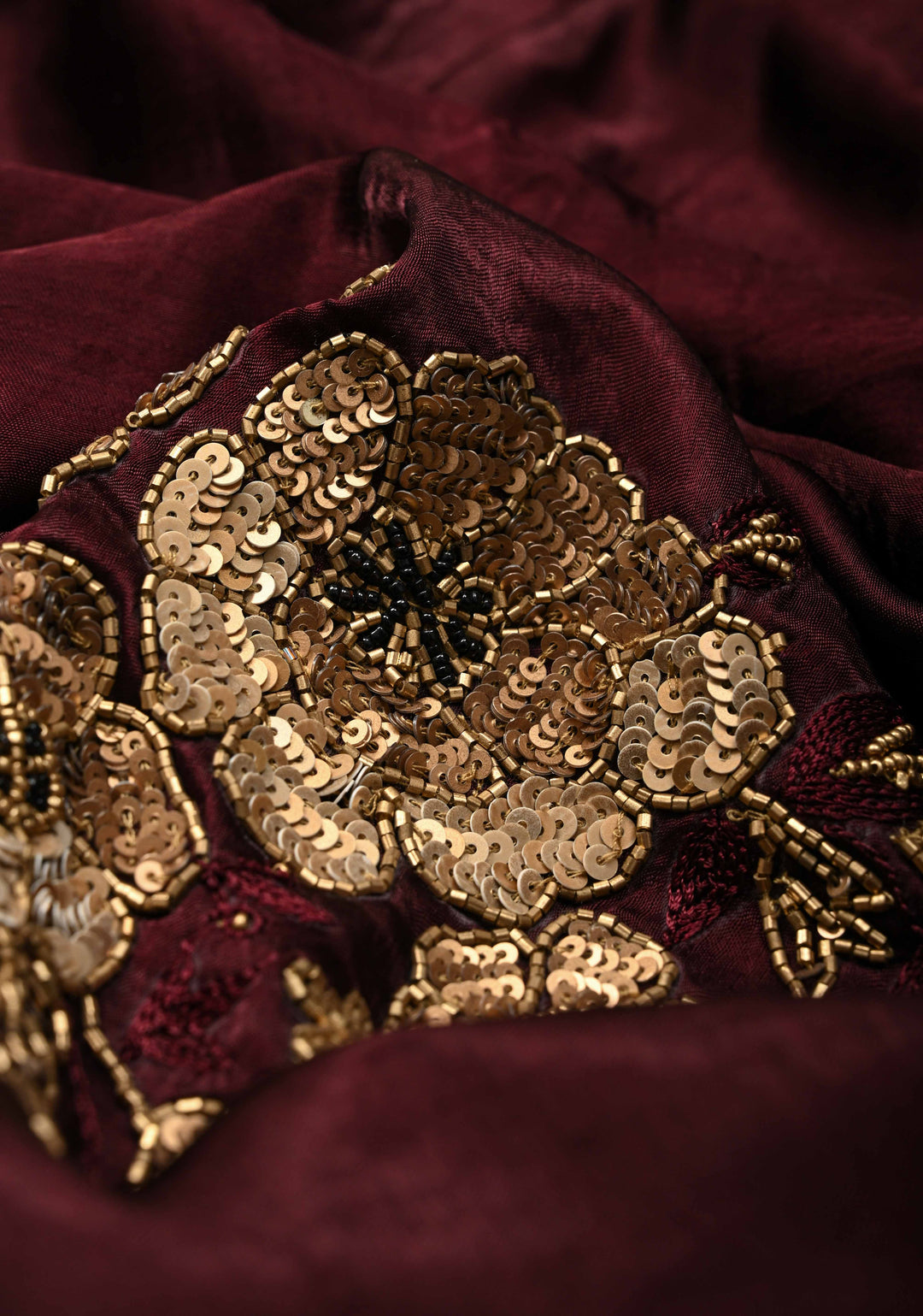 Deep Burgundy Satin Georgette Saree with Antique Cutdana, Sequins and Moti Embellishment and Scallop Border