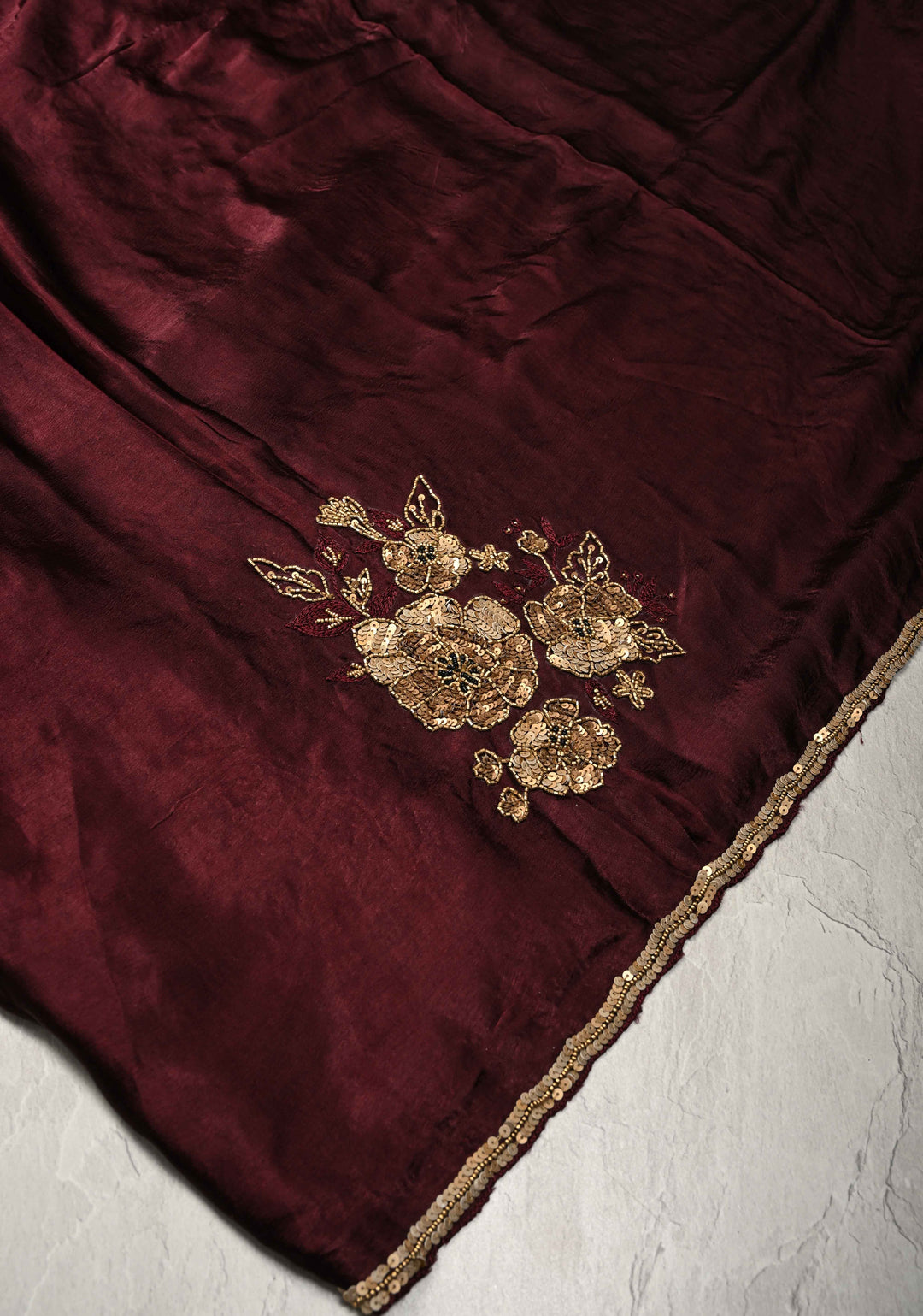 Deep Burgundy Satin Georgette Saree with Antique Cutdana, Sequins and Moti Embellishment and Scallop Border