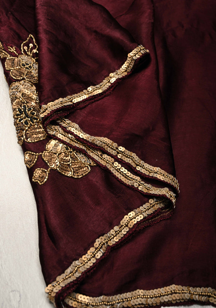 Deep Burgundy Satin Georgette Saree with Antique Cutdana, Sequins and Moti Embellishment and Scallop Border