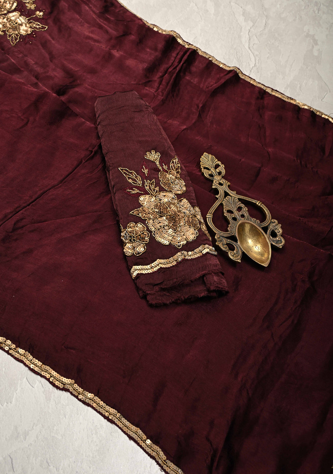 Deep Burgundy Satin Georgette Saree with Antique Cutdana, Sequins and Moti Embellishment and Scallop Border