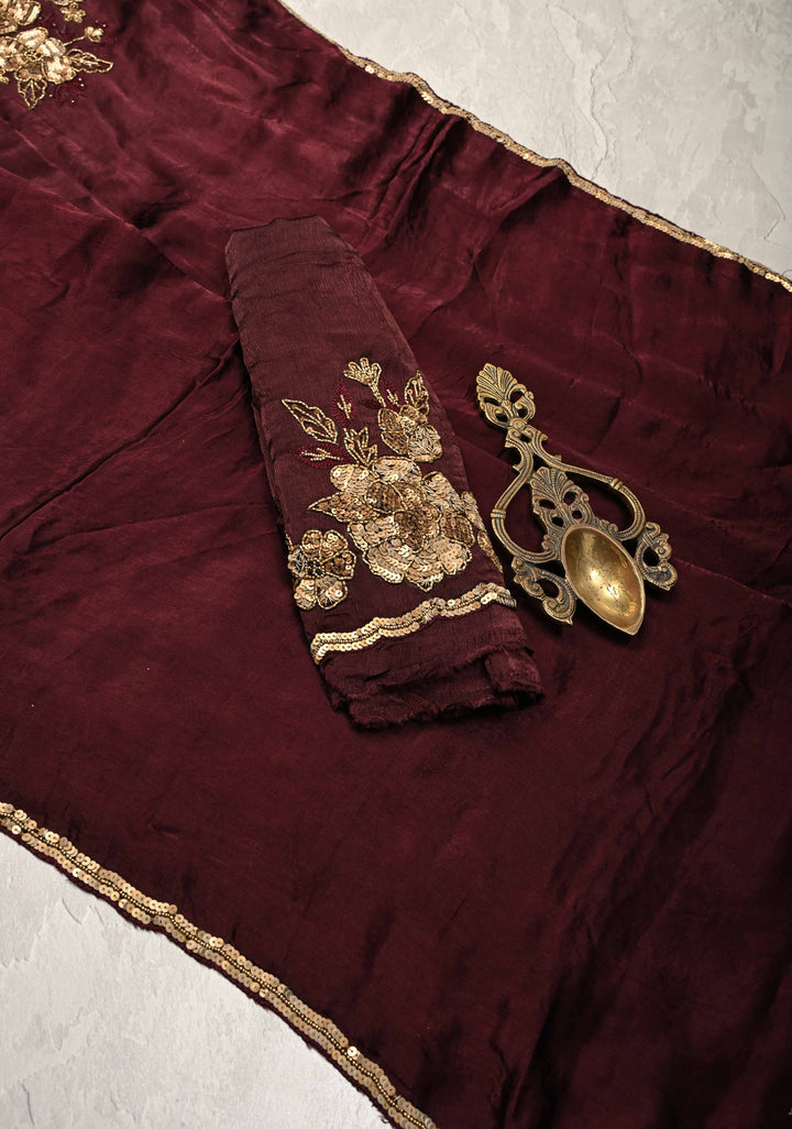 Deep Burgundy Satin Georgette Saree with Antique Cutdana, Sequins and Moti Embellishment and Scallop Border