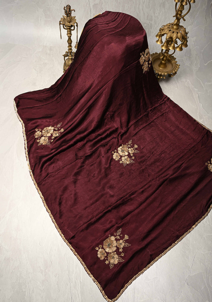 Deep Burgundy Satin Georgette Saree with Antique Cutdana, Sequins and Moti Embellishment and Scallop Border