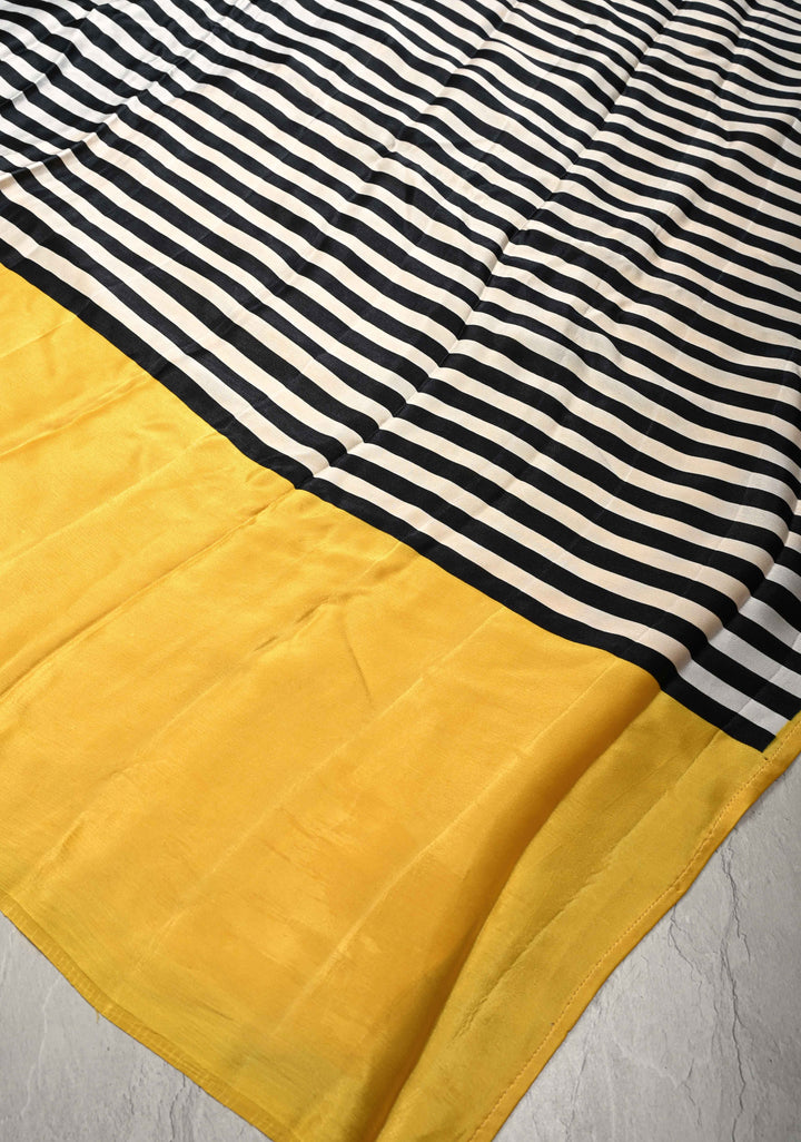 Black-white Stripes Pattern on Satin Georgette Saree with Yellow Wide Border