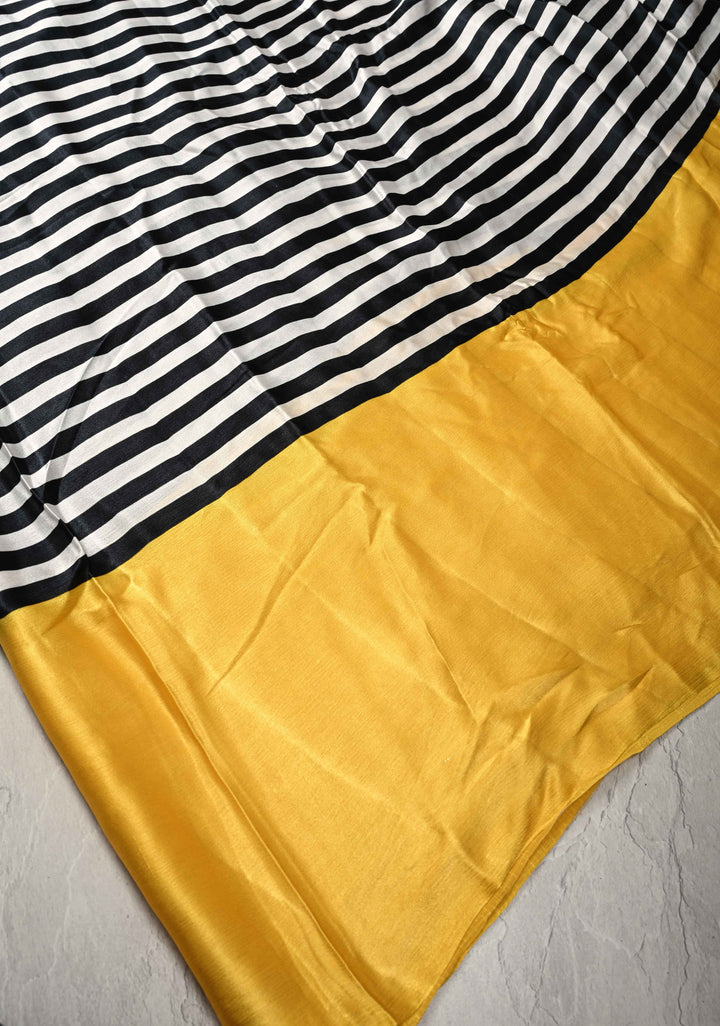 Black-white Stripes Pattern on Satin Georgette Saree with Yellow Wide Border