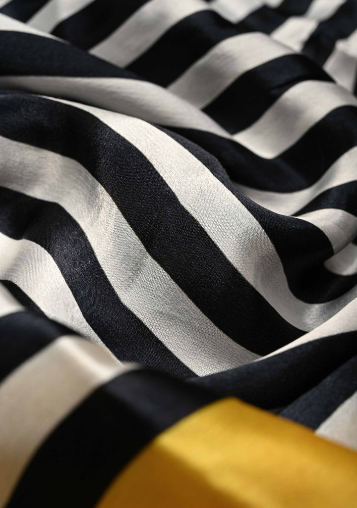 Black-white Stripes Pattern on Satin Georgette Saree with Yellow Wide Border