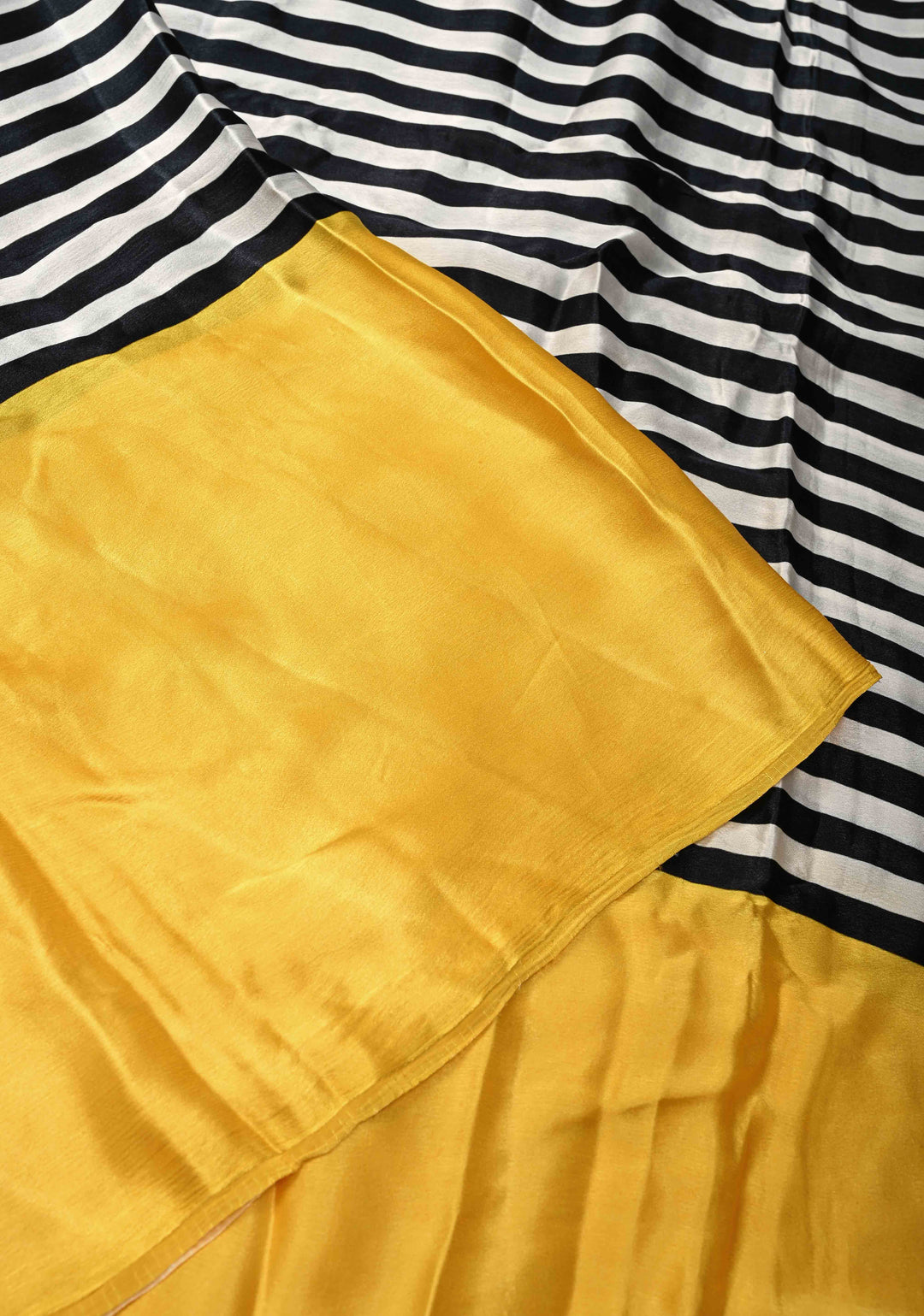 Black-white Stripes Pattern on Satin Georgette Saree with Yellow Wide Border