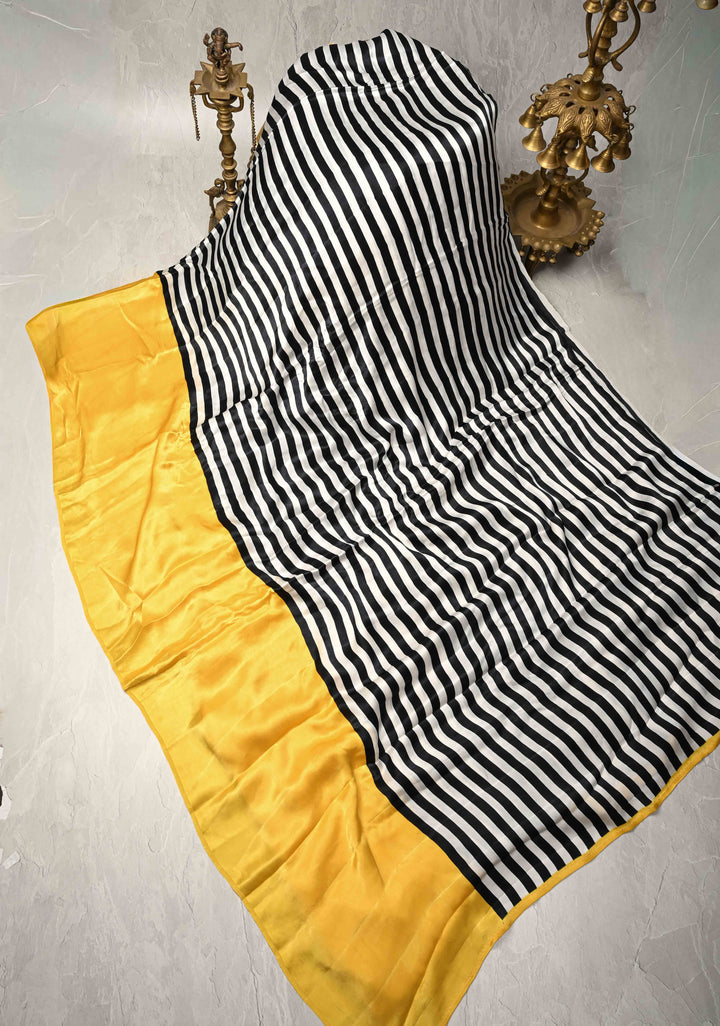 Black-white Stripes Pattern on Satin Georgette Saree with Yellow Wide Border