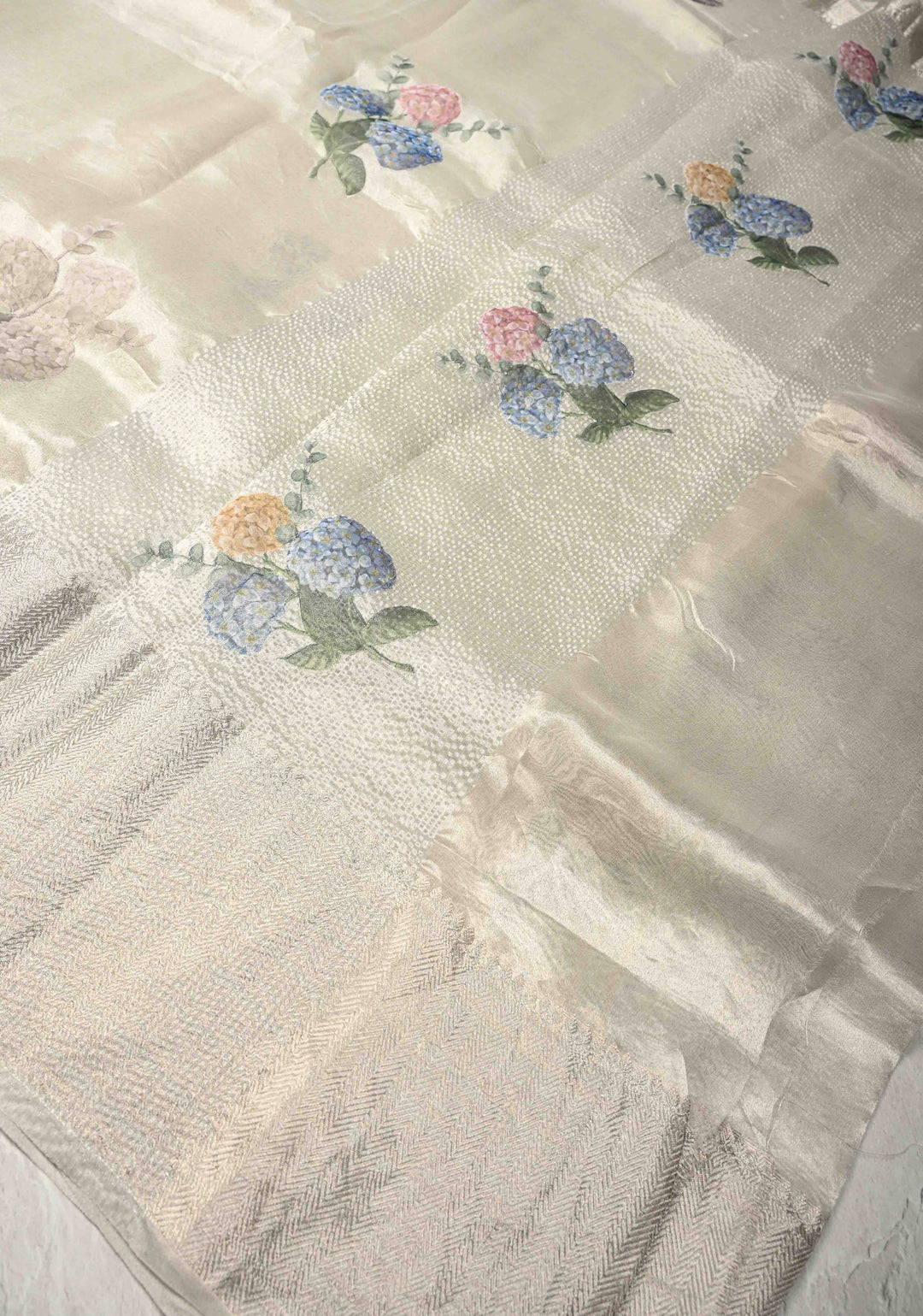 Silver Pure Banarasi Tissue Silk Saree with Floral Applique and Zari Border | SILK MARK CERTIFIED