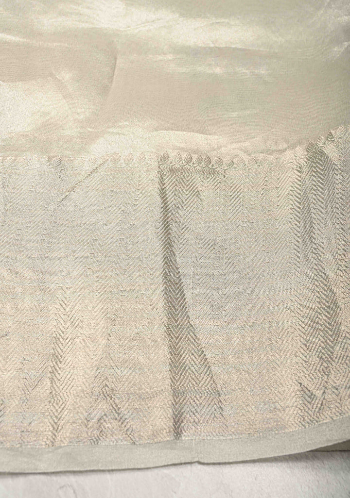 Silver Pure Banarasi Tissue Silk Saree with Floral Applique and Zari Border | SILK MARK CERTIFIED