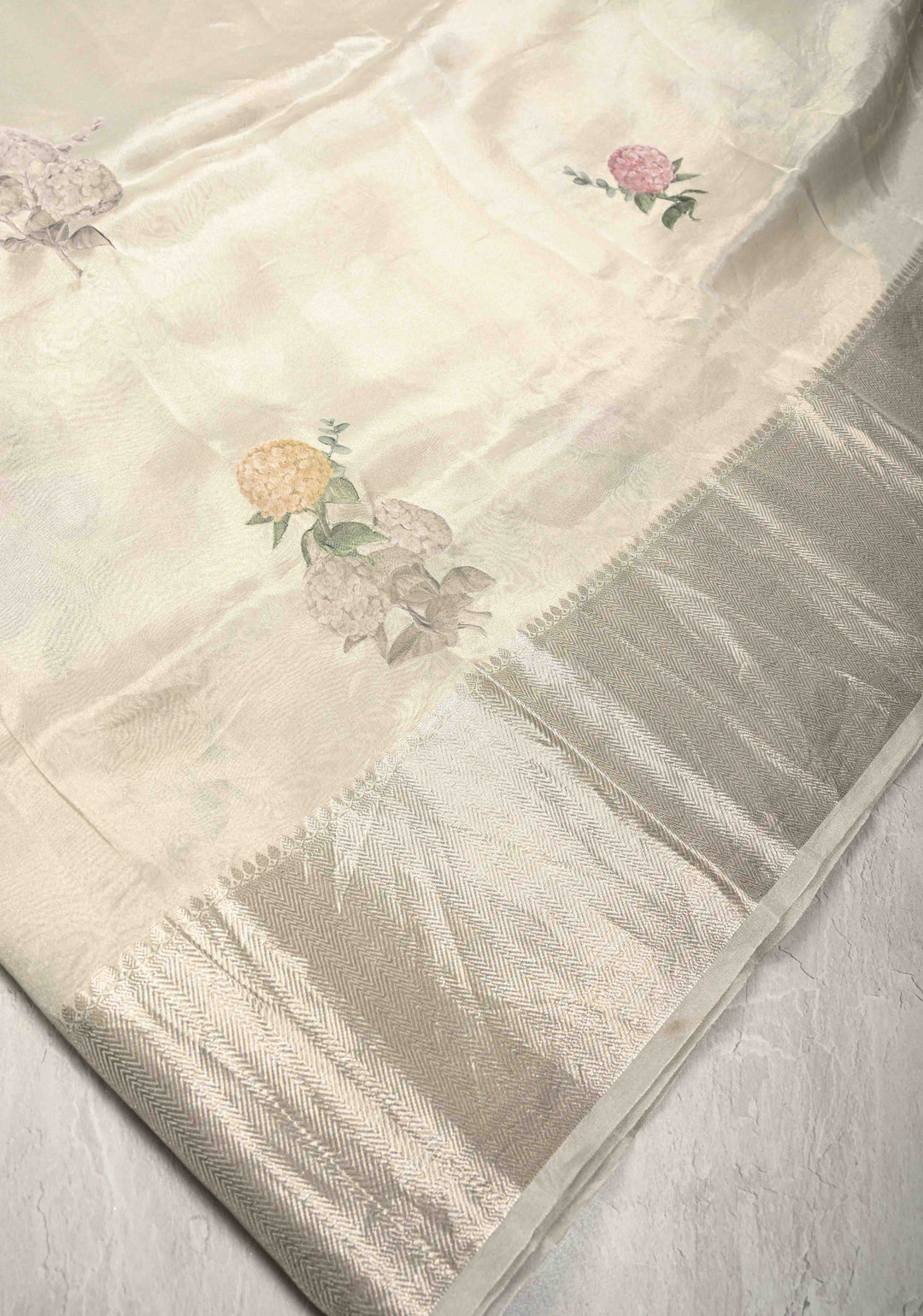 Silver Pure Banarasi Tissue Silk Saree with Floral Applique and Zari Border | SILK MARK CERTIFIED