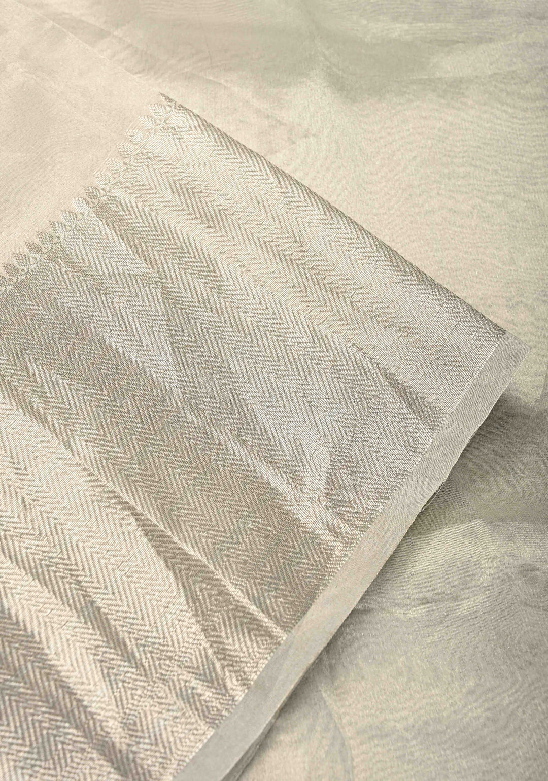 Silver Pure Banarasi Tissue Silk Saree with Floral Applique and Zari Border | SILK MARK CERTIFIED