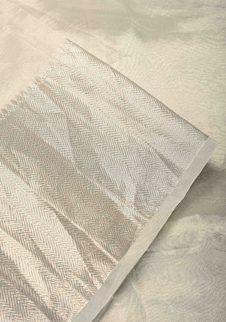 Silver Pure Banarasi Tissue Silk Saree with Floral Applique and Zari Border | SILK MARK CERTIFIED