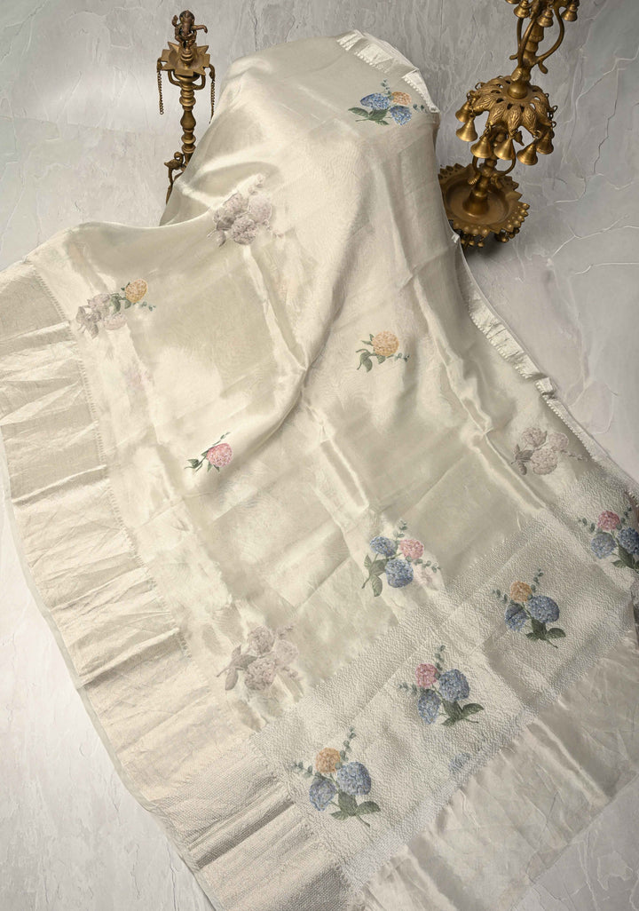 Silver Pure Banarasi Tissue Silk Saree with Floral Applique and Zari Border | SILK MARK CERTIFIED