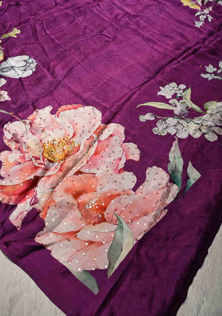 Jamuni Purple Satin Georgette Saree Floral Digital Print and Sequins Detailing