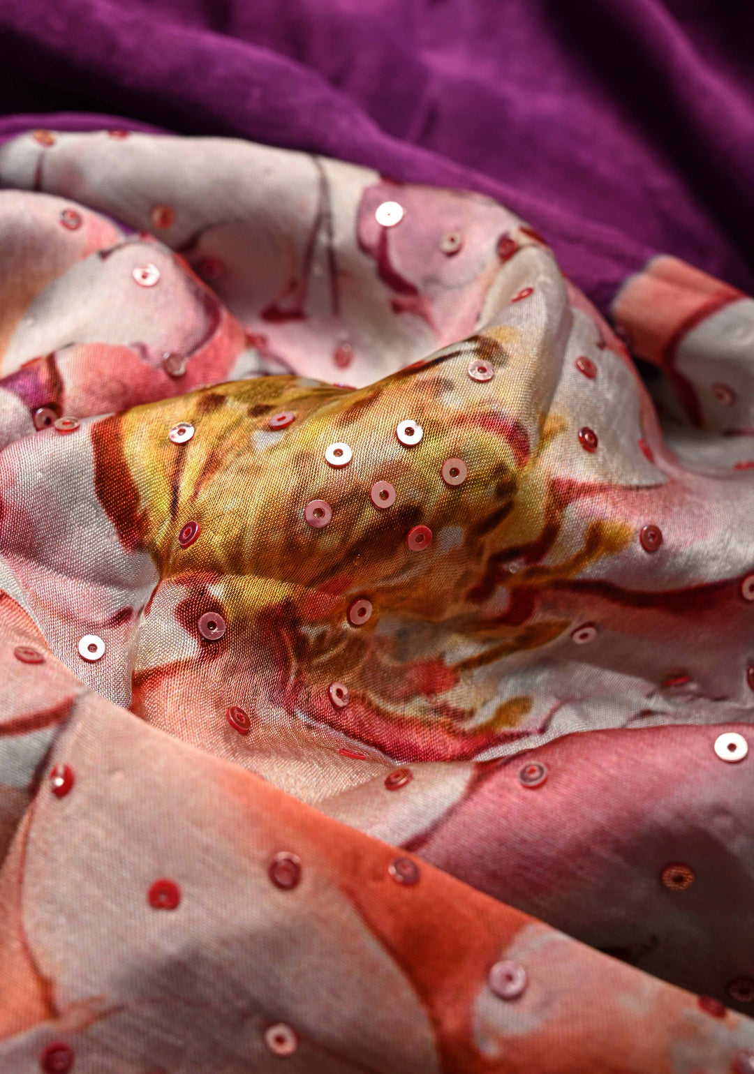 Jamuni Purple Satin Georgette Saree Floral Digital Print and Sequins Detailing