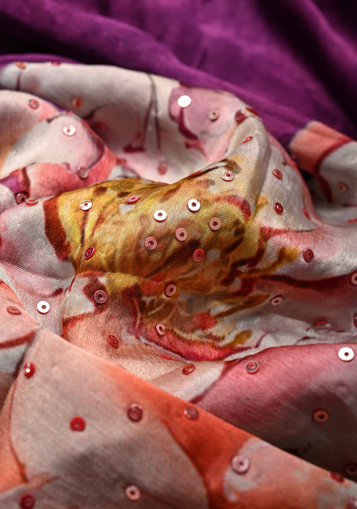 Jamuni Purple Satin Georgette Saree Floral Digital Print and Sequins Detailing