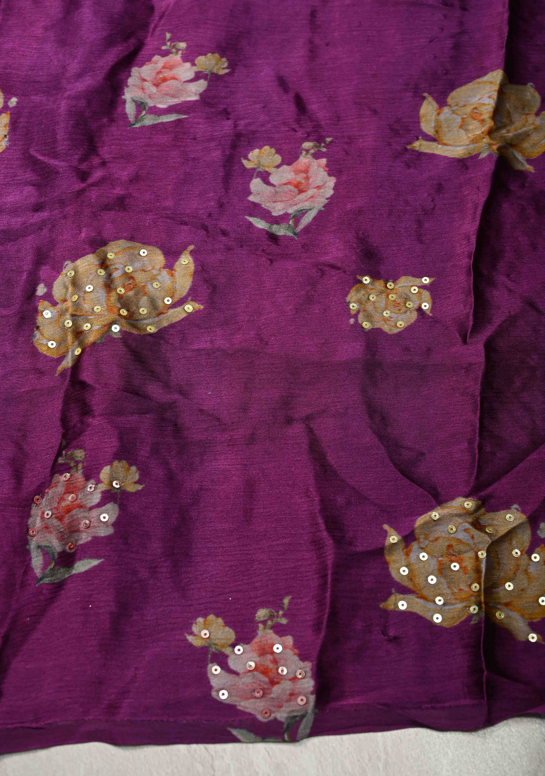 Jamuni Purple Satin Georgette Saree Floral Digital Print and Sequins Detailing