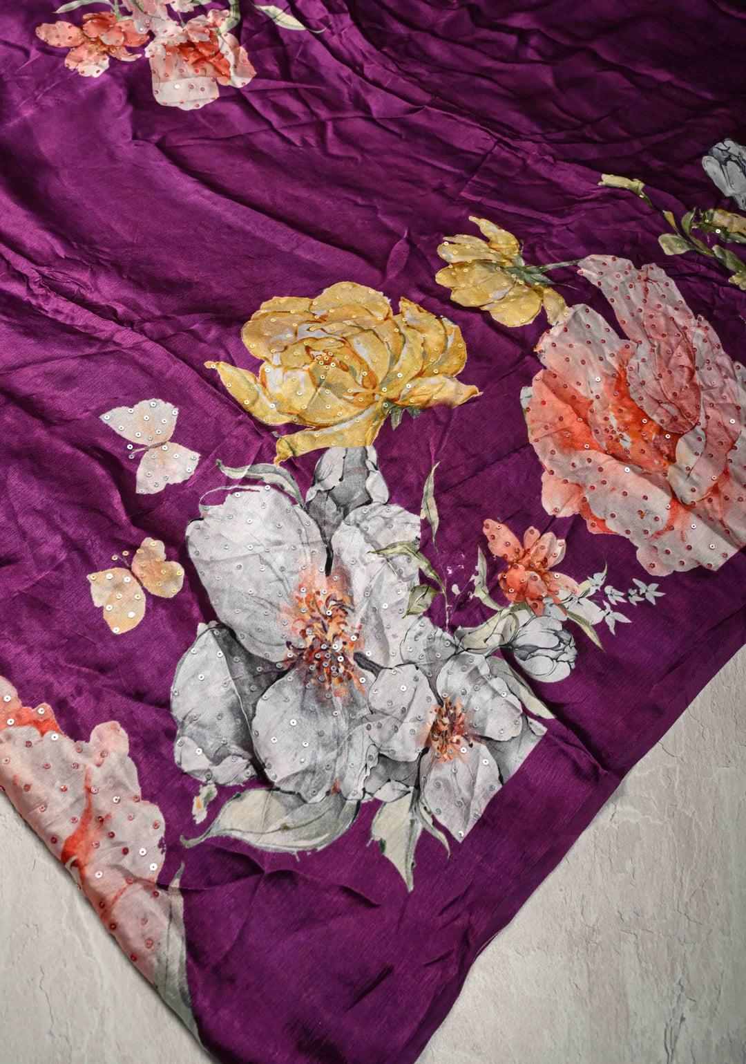 Jamuni Purple Satin Georgette Saree Floral Digital Print and Sequins Detailing