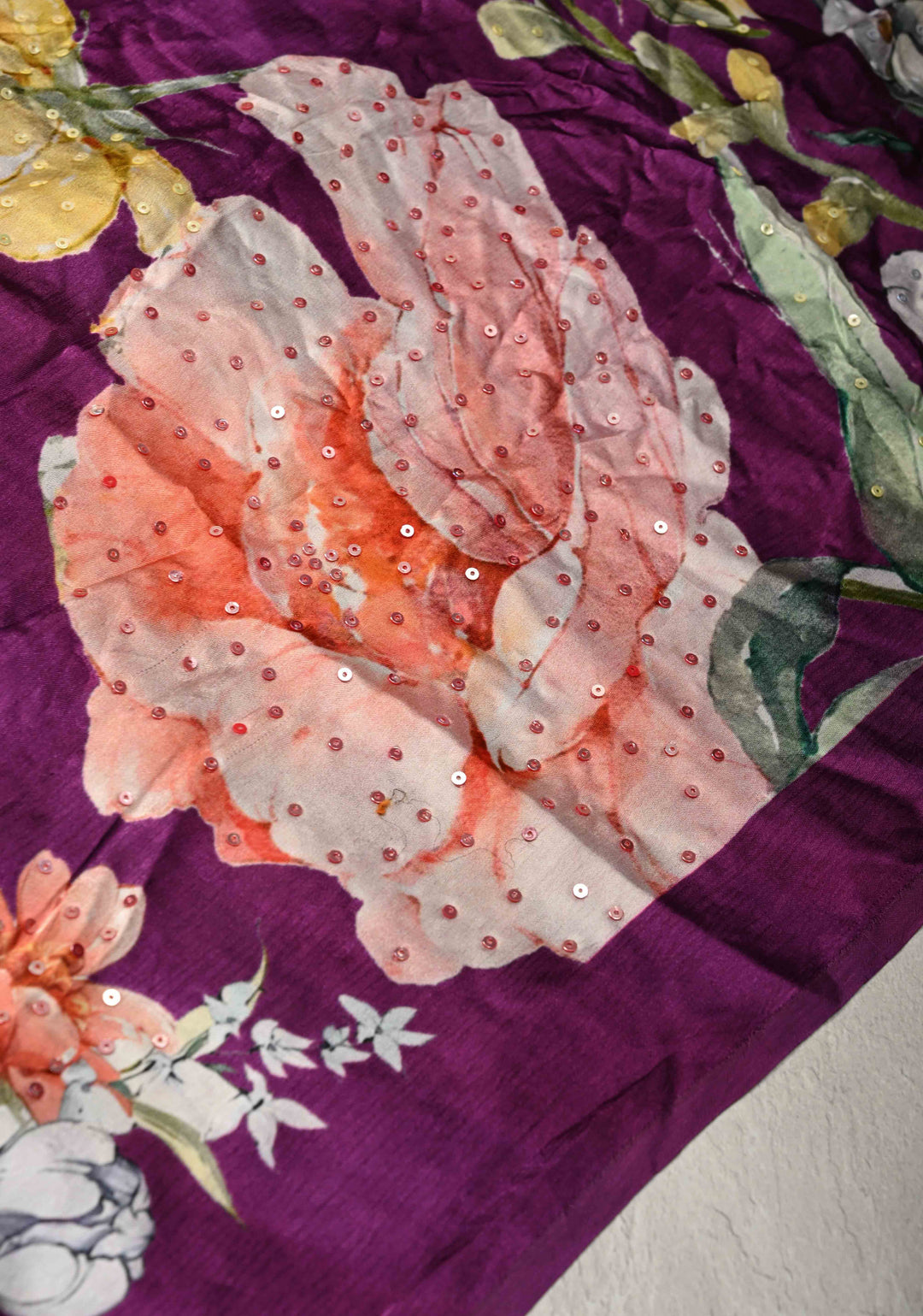 Jamuni Purple Satin Georgette Saree Floral Digital Print and Sequins Detailing