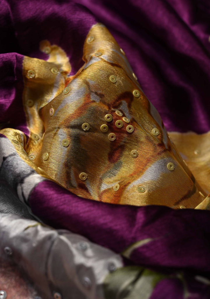 Jamuni Purple Satin Georgette Saree Floral Digital Print and Sequins Detailing