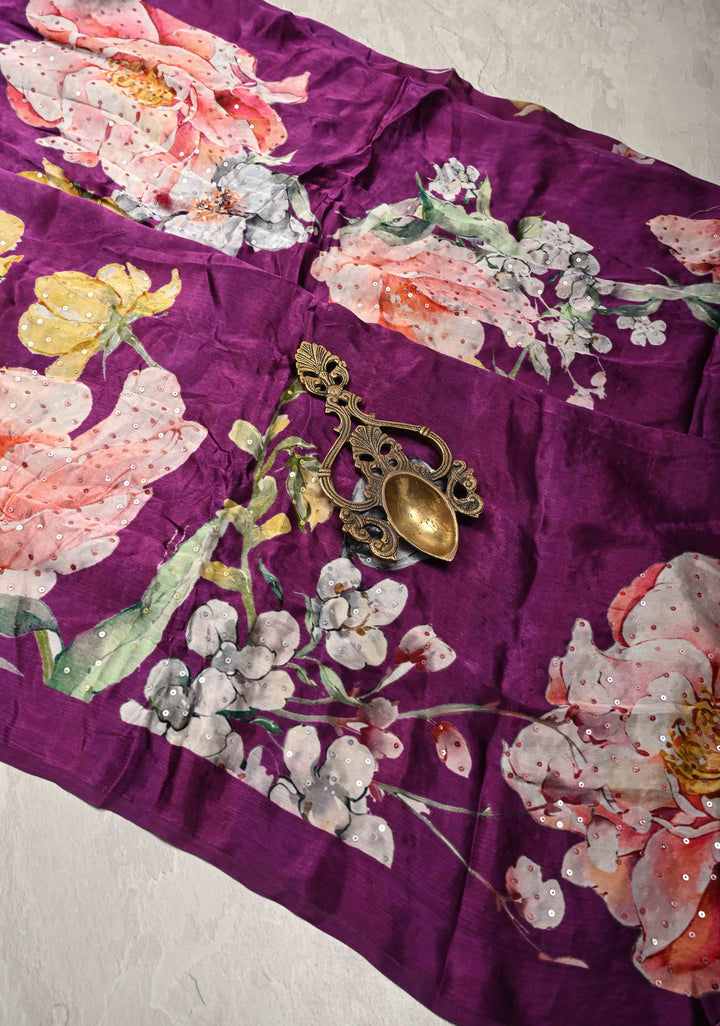 Jamuni Purple Satin Georgette Saree Floral Digital Print and Sequins Detailing