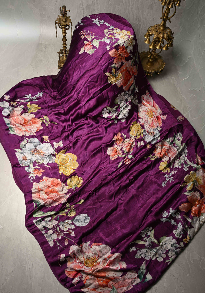 Jamuni Purple Satin Georgette Saree Floral Digital Print and Sequins Detailing