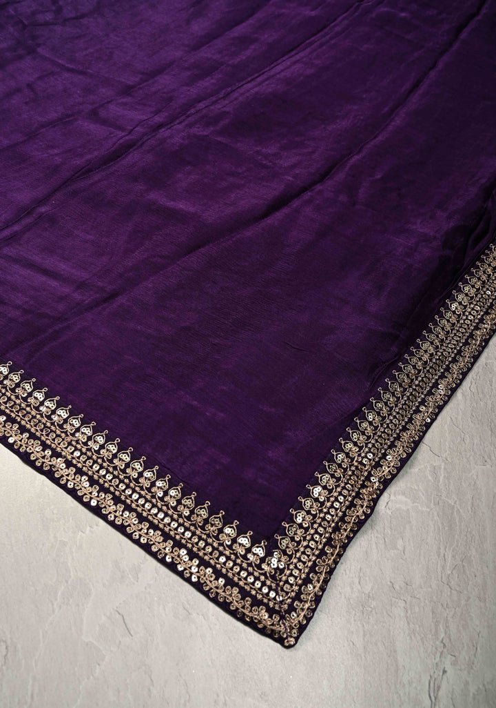 Jamuni Purple Satin Georgette Saree with Fancy Lace Border and Velvet Butta Blouse Piece