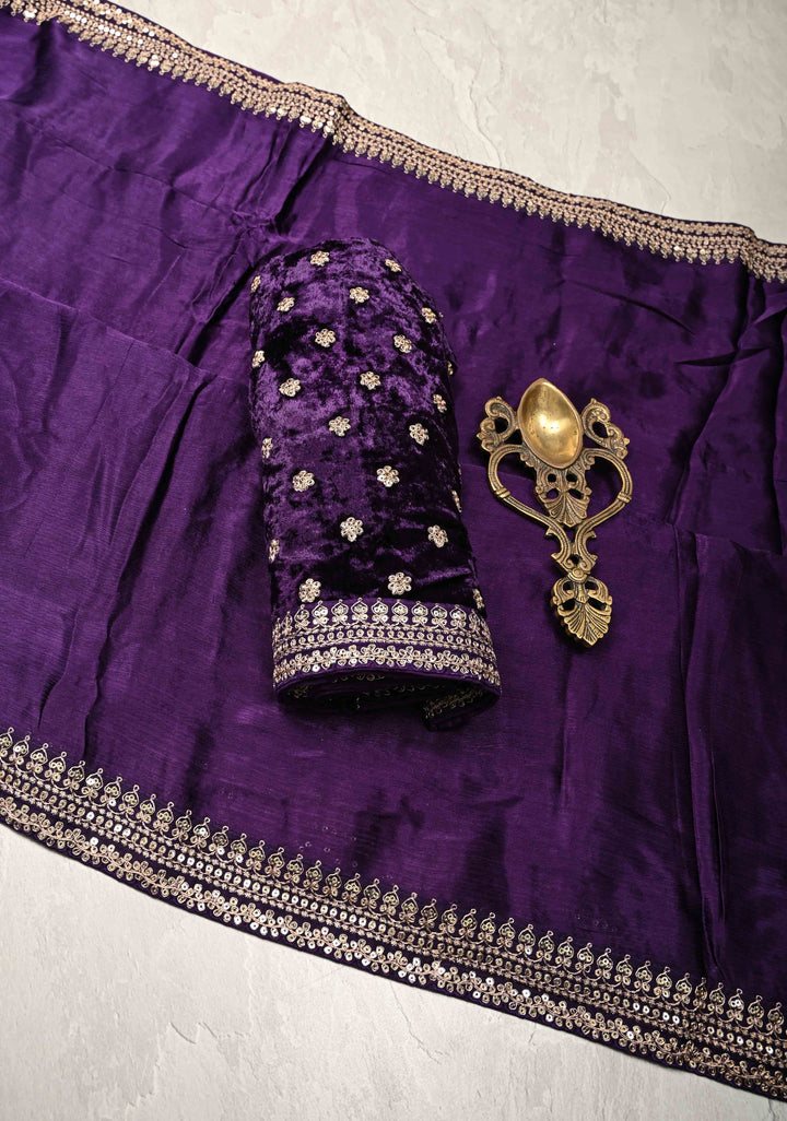 Jamuni Purple Satin Georgette Saree with Fancy Lace Border and Velvet Butta Blouse Piece