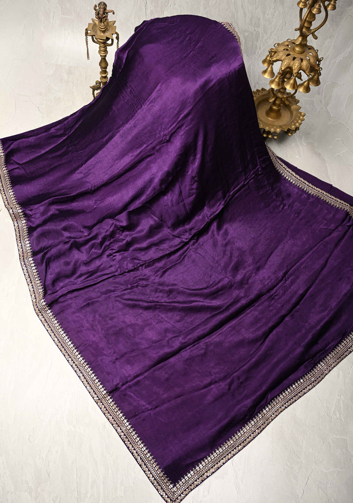 Jamuni Purple Satin Georgette Saree with Fancy Lace Border and Velvet Butta Blouse Piece