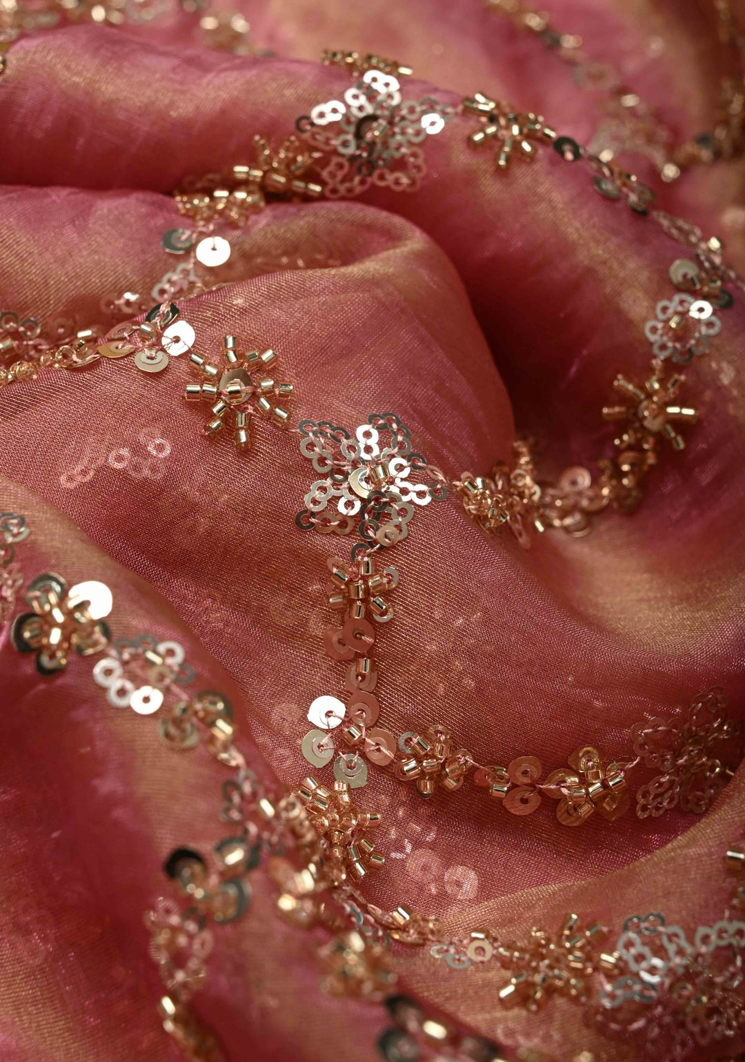 Pink Sequin Jaal on Shimmer Organza Saree with Sequins, Cutdana Detailing and Scallop Border